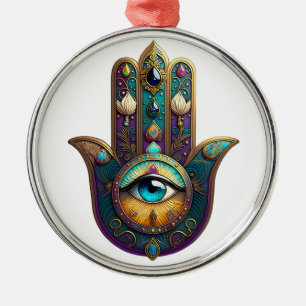 Ornement En Métal Or Violet sarcelle Hamsa avec Troisième Œil Turquo