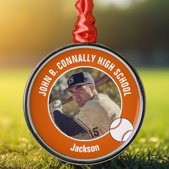 Ornement En Métal Orange High School Baseball Player Photo Christmas (Créateur téléchargé)
