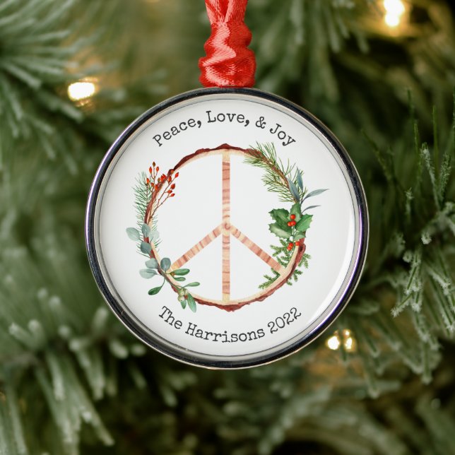 Ornement En Métal Peace Sign Jove Love Rustic Botanical Christmas (Arbre)