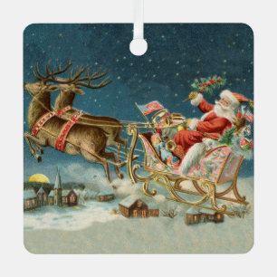 Ornement En Métal Père Noël Antique Sleigh Reindeer