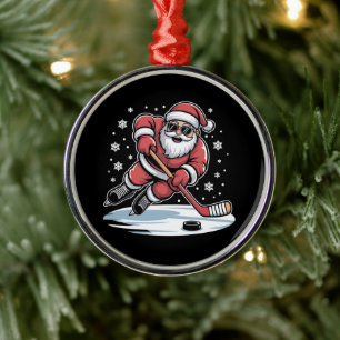 Ornement En Métal Père Noël de Noël drôle jouant au hockey sur glace