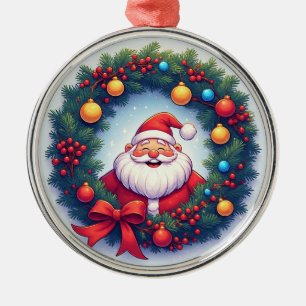 Ornement En Métal Père Noël festif dans une couronne de Noël