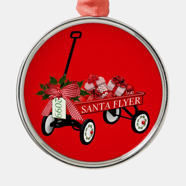 Ornement En Métal Père Noël Flyer Toy Red Wagon avec Noël de l'année (Devant)