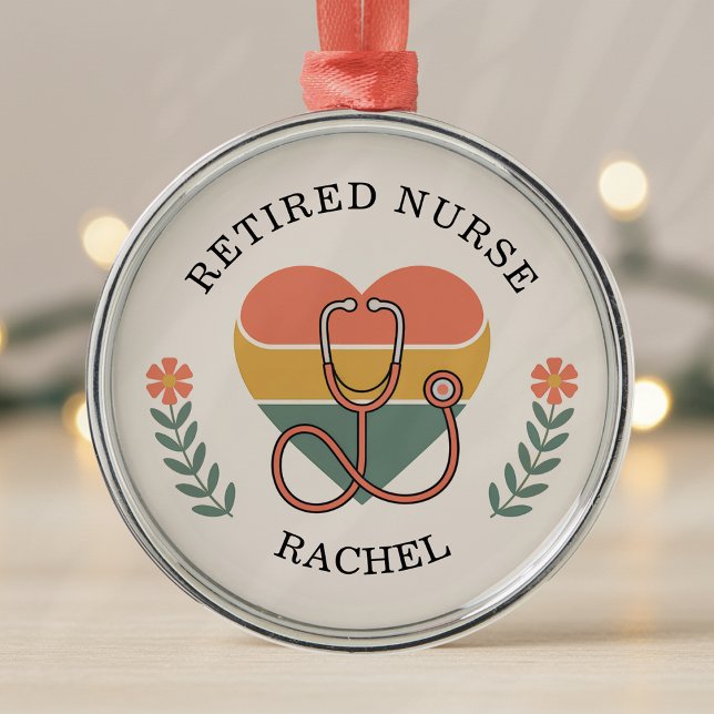 Ornement En Métal Personalized Retired Nurse Retro Heart (Créateur téléchargé)