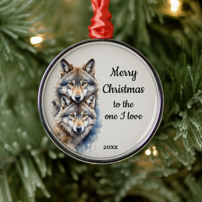 Ornement En Métal Personnalisé Dated Christmas Wolf One I Love (Arbre)