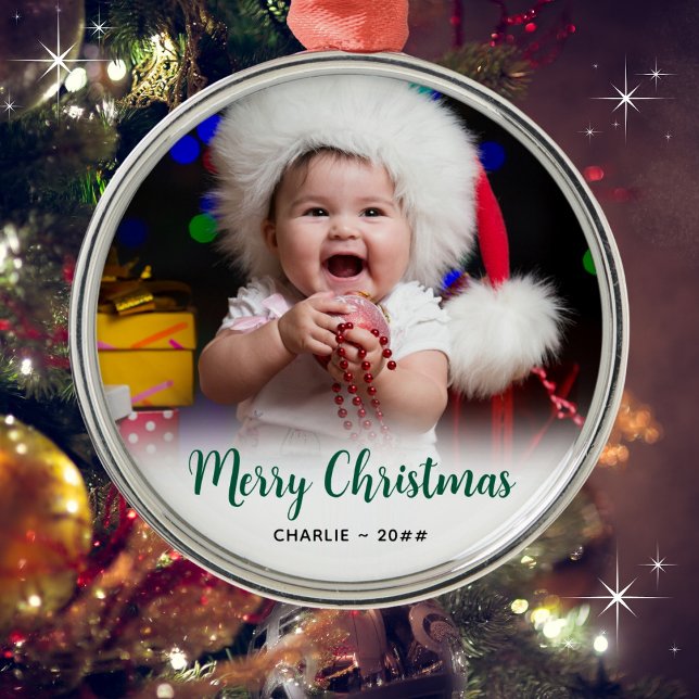 Ornement En Métal Photo de bébé | Garde de Noël textuelle (Customize with a name and year. Merry Christmas!)