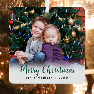 Ornement En Métal Photo de famille personnalisée et texte Noël minim