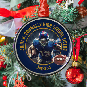 Ornement En Métal Photo de joueur de football Noël Bleu Marine Or