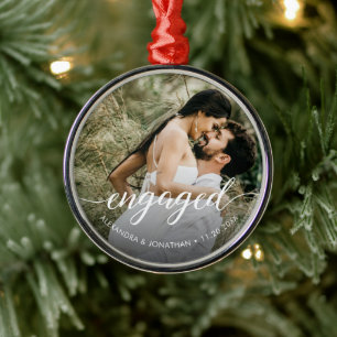 Ornement En Métal Photo First Christmas engagé Élégant script blanc