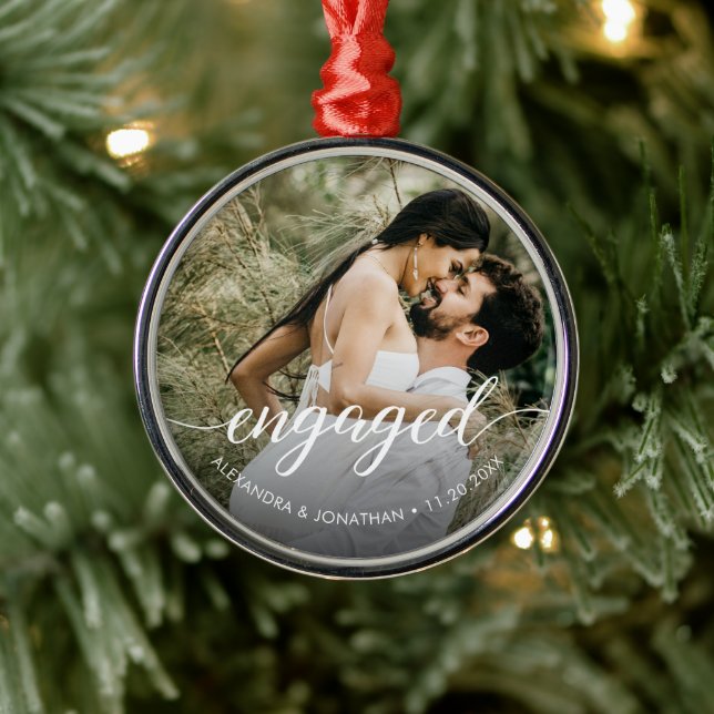 Ornement En Métal Photo First Christmas engagé Élégant script blanc (Arbre)