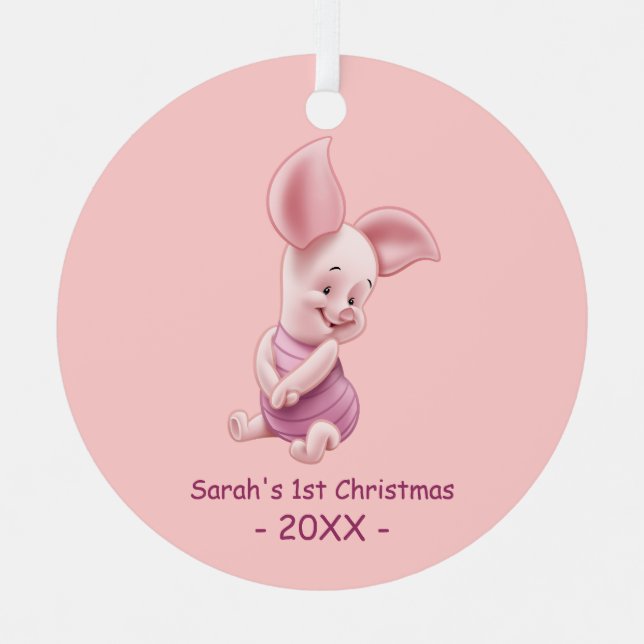 Ornement En Métal Piglet | Premier Noël du bébé Ajoutez votre nom (Recto)