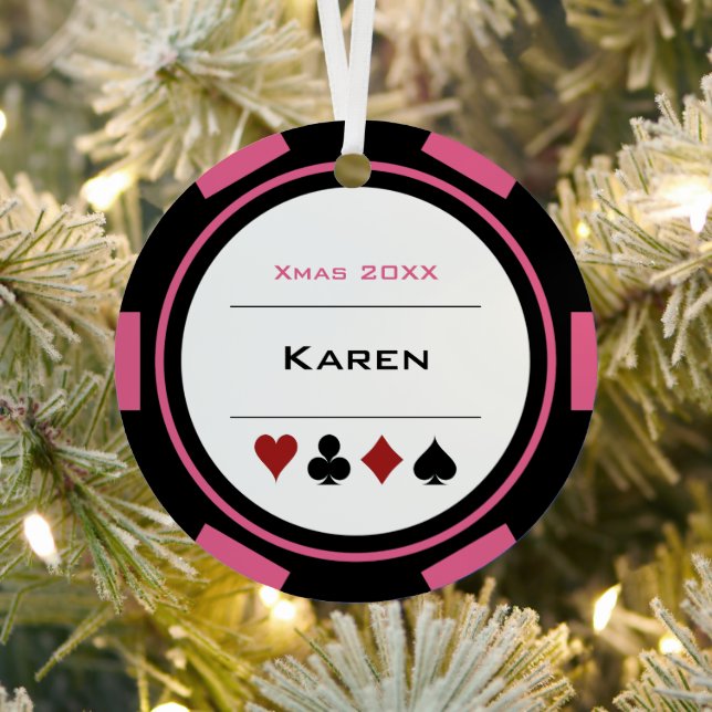 Ornement En Métal Pink and Black Las Vegas Poker Chip Christmas (Insitu)