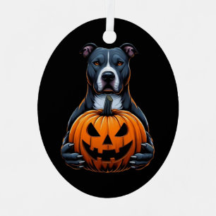 Ornement En Métal Pitbull Halloween - Holding Jack-o'-lantern