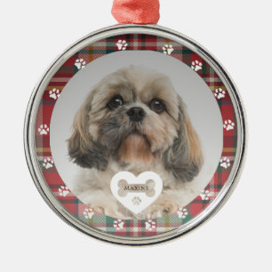 Ornement En Métal Plaid Shih Tzu Papa Chien Photo Noël Fêtes
