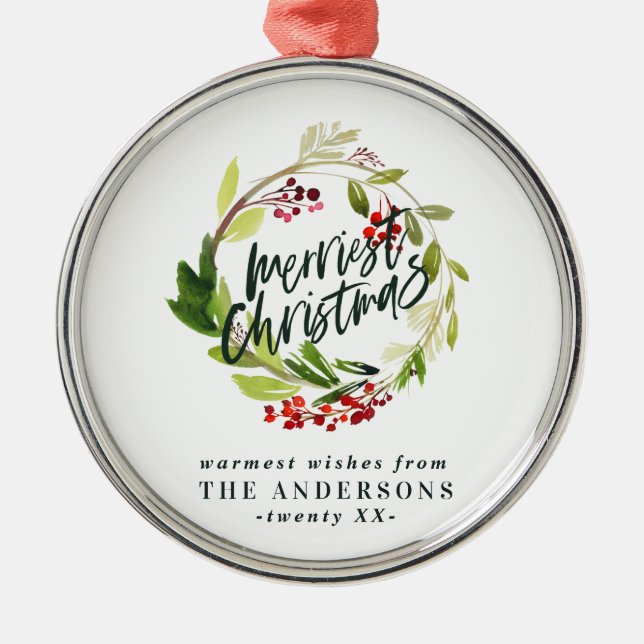 Ornement En Métal plus joyeux noël aquarelle rouge baies feuillage (Devant)