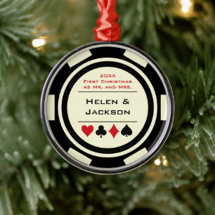 Ornement En Métal Poker Chip Premier Noël Mr & Mrs Black Ivory