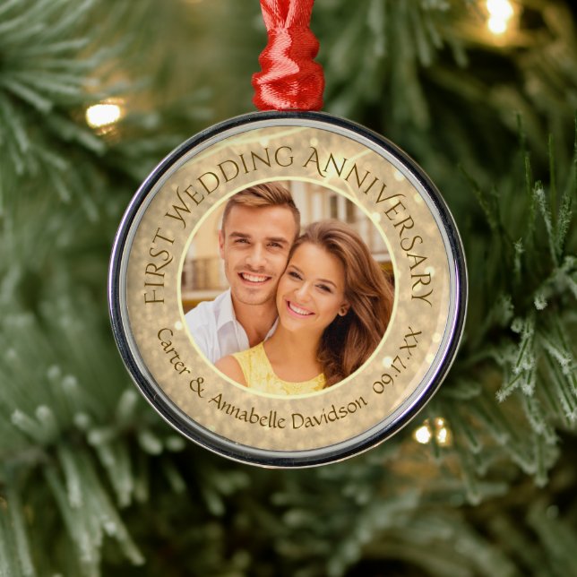 Ornement En Métal Premier anniversaire de Mariage | Gold Sparkle Pho (Arbre)