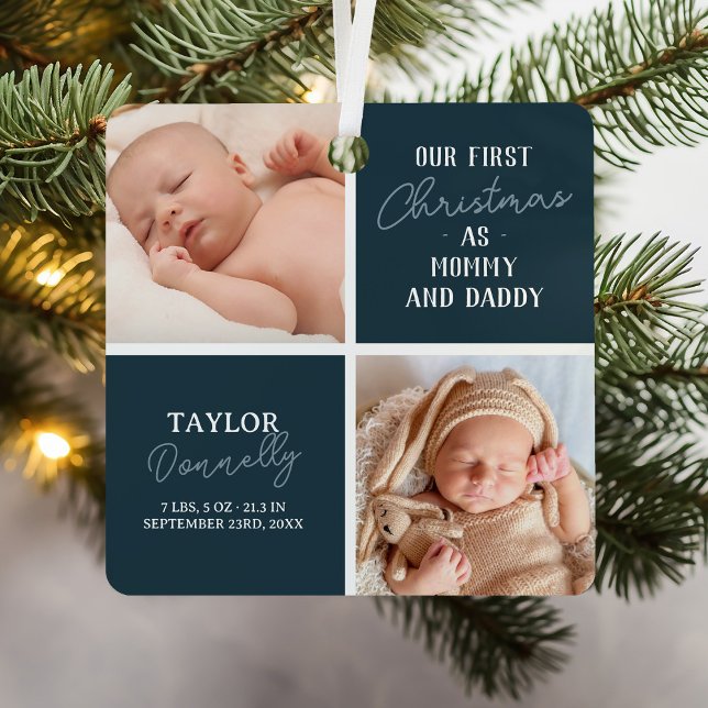 Ornement En Métal Premier Noël en maman papa Photo bleue (Créateur téléchargé)