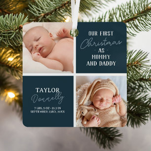 Ornement En Métal Premier Noël en tant que Maman Papa Photo Bleue