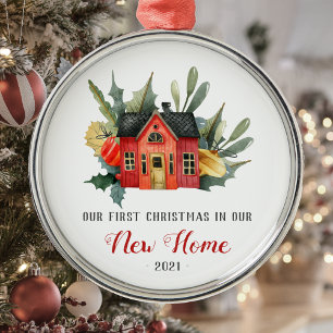 Ornement En Métal Premier Noël Nouvelle Maison Aquarelle Maison Roug