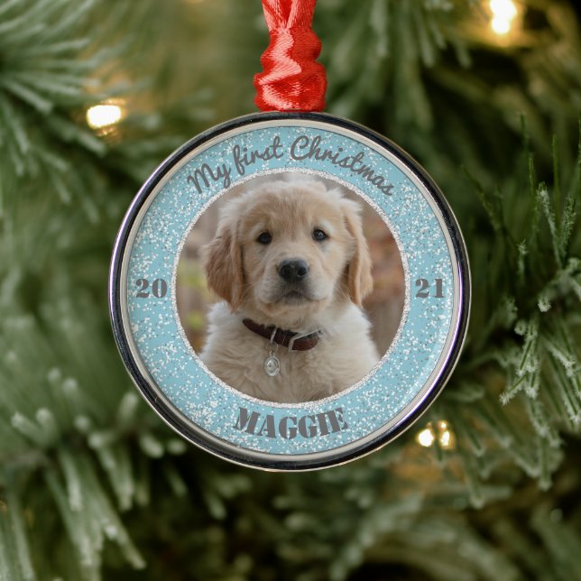 Ornement En Métal Première photo de Noël du chiot personnalisé (Arbre)