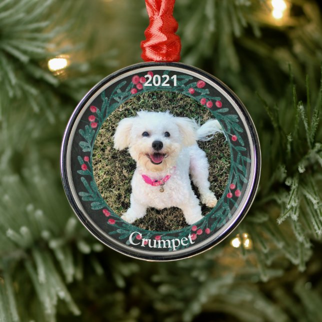 Ornement En Métal Première photo de Noël du chiot personnalisé (Arbre)