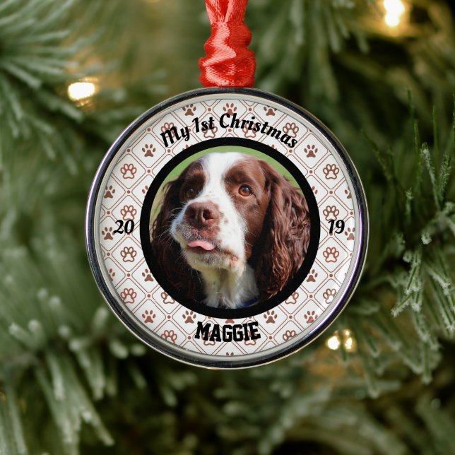 Ornement En Métal Première photo de Noël du chiot personnalisé (Arbre)