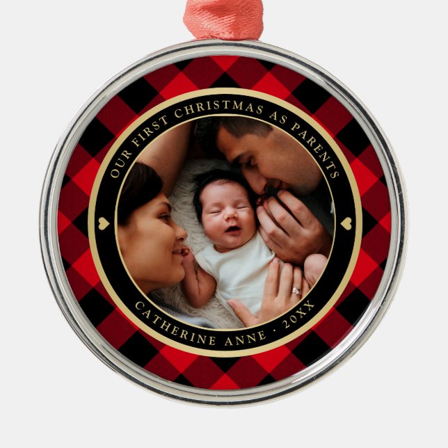 Ornement En Métal Premiers parents de Noël Russe Rouge Plaid Photo (Devant)