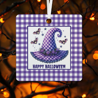 Ornement En Métal Purple Gingham Halloween Witch Hat & Bats