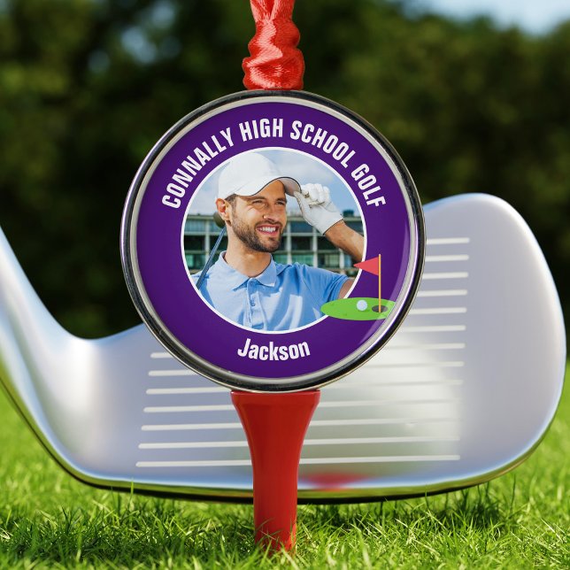 Ornement En Métal Purple Golfer Photo Custom Golf Team Christmas (Créateur téléchargé)