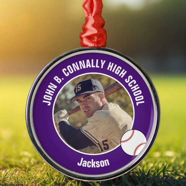 Ornement En Métal Purple High School Baseball Player Photo Christmas (Créateur téléchargé)