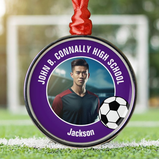 Ornement En Métal Purple Soccer Player Photo High School Christmas (Créateur téléchargé)