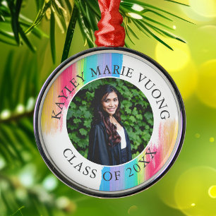 Ornement En Métal Rainbow Graduation Photo Elégant Custom Christmas