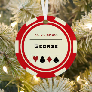 Ornement En Métal Red and Cream Las Vegas Poker Chip Christmas