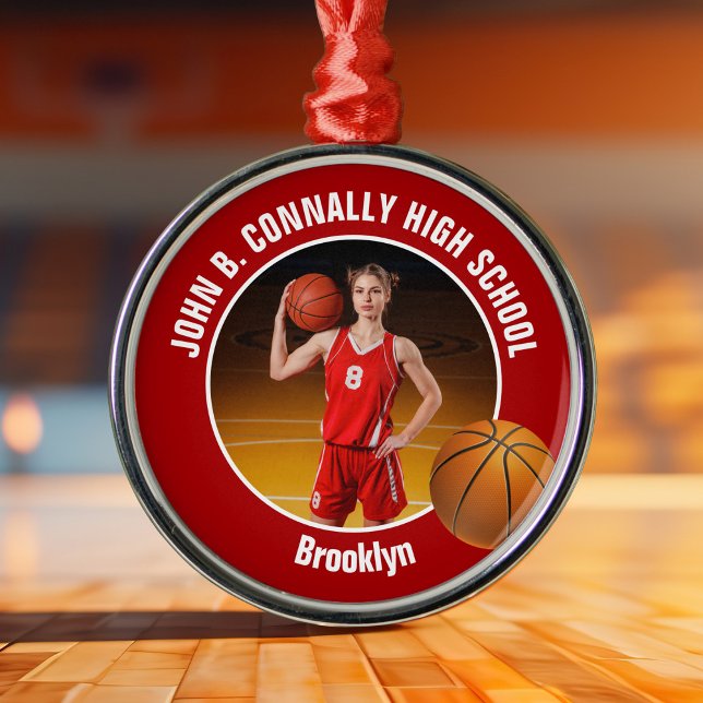 Ornement En Métal Red Basketball Player Photo Christmas (Créateur téléchargé)
