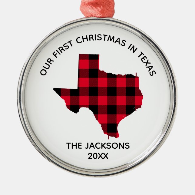Ornement En Métal Red Buffalo Plaid Notre 1er Noël au Texas (Devant)
