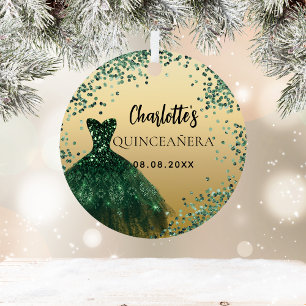 Ornement En Métal Robe en or vert émeraude Quinceanera