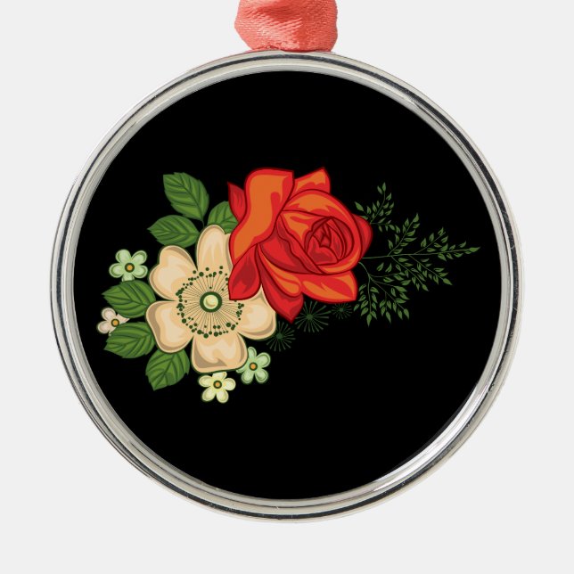 Ornement En Métal Rose rouge et marguerites Arrière - plan noir (Devant)