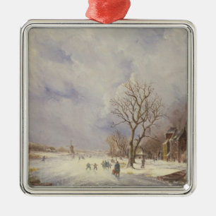 Ornement En Métal Scène de canal d'hiver, 19ème siècle