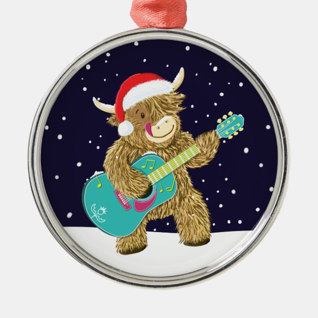 Ornement En Métal Scottish Highland Cows Joue Une Guitare De Noël (Devant)