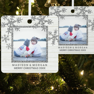 Ornement En Métal Silver Snowflake Stylish Double Sided Photo