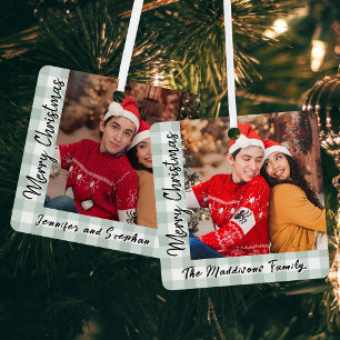 Ornement En Métal Simple Noël de couple de famille en tartan vert