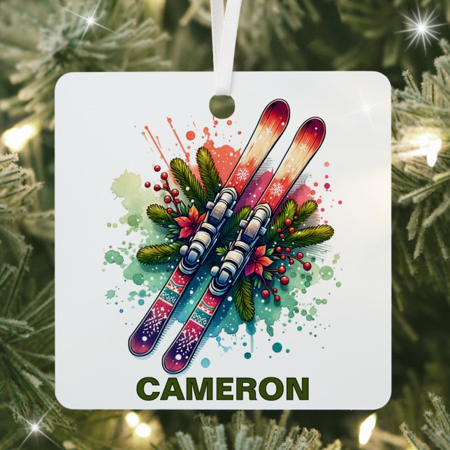 Ornement En Métal Skis de Noël Nom personnalisé (Créateur téléchargé)