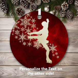 Ornement En Métal Snowflake Ice Skater on Red 