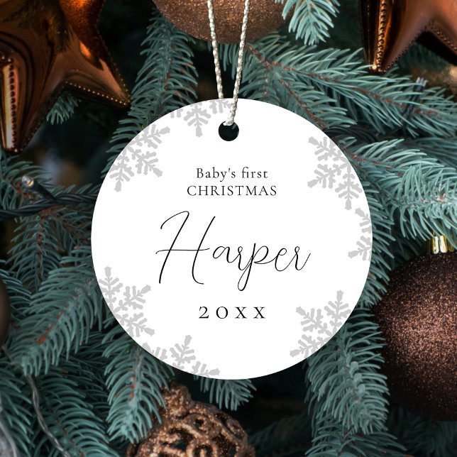 Ornement En Métal Snowflakes Baby's First Christmas Script Name (Snowflakes Baby's First Christmas Script Name Metal Ornament)