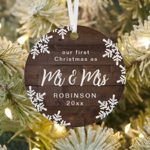 Ornement En Métal Snowflakes Our First Christmas Mr & Mrs Script