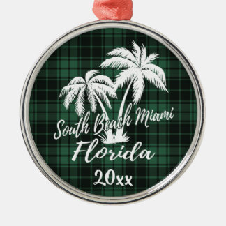 Ornement En Métal South Miami Beach Floride Palm Tree Green Plaid