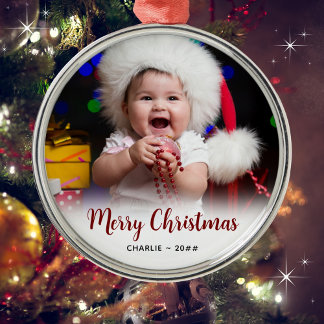 Ornement En Métal Souvenir de Noël avec photo et texte de bébé