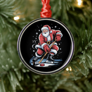 Ornement En Métal Sports de Noël Santa Joue au Hockey sur Glace Xmas