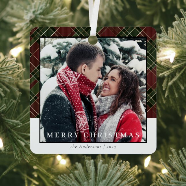 Ornement En Métal Style moderne Rouge Plaid Photo Couple de Noël (Insitu)